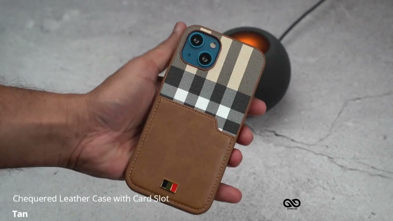 Tan Chequered Leather Case with Card Slot