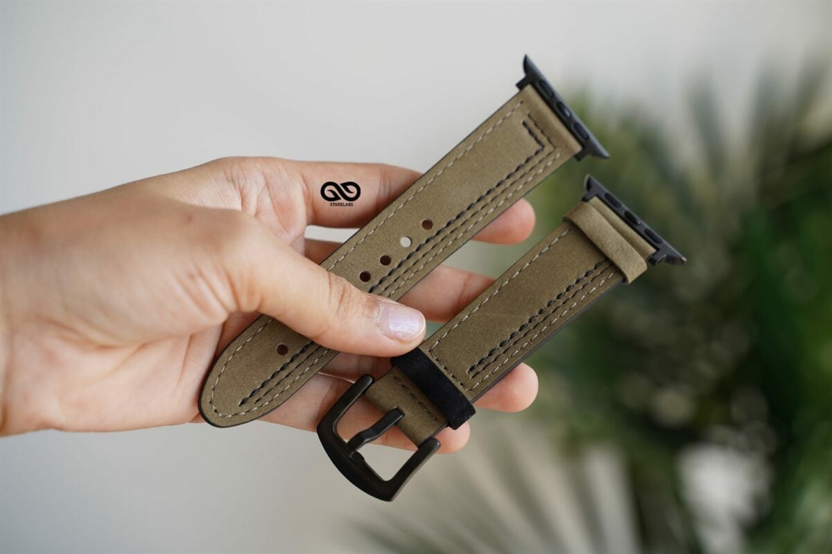 Dark Olive Woven Black Leather Strap with Black Buckle for Apple Watch 44MM 45MM 46MM Series 4 5 6 7 8 9 10 SE SE 2 Gen
