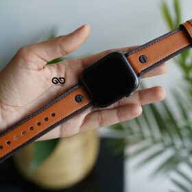 Tawny Tan Screw Design Leather Strap for Apple Watch 44MM 45MM Series 4 5 6 7 8 9 SE SE 2 Gen