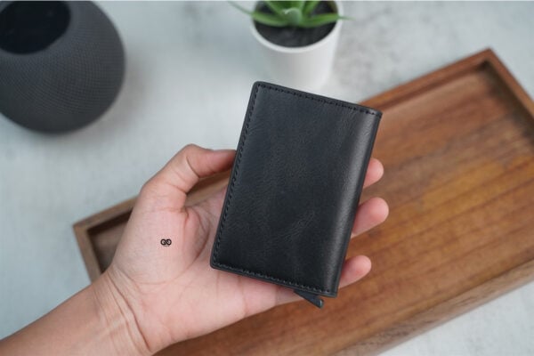 Black Slim Vegan Leather Card Holder with Single Slot Wallet - Image 17