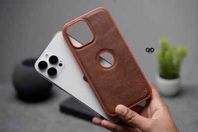 Saddle Tan Grainy Textured Vegan Leather Case with Logo Cut for iPhone 13 Pro Max