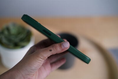 Grainy Textured Vegan Leather Case with Logo Cut for iPhone 13
